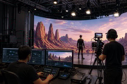 High-tech virtual production studio with LED wall, camera rig, and crew operating in a modern Los Angeles soundstage