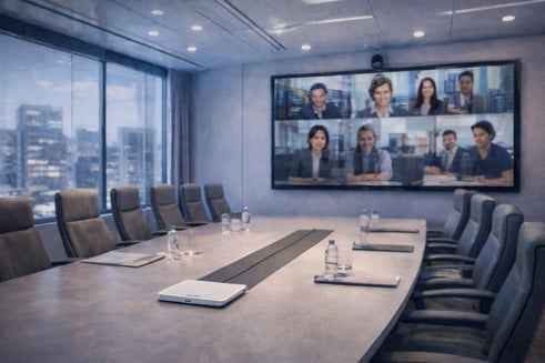 Modern conference room with video call