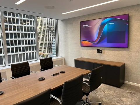 Oak View Group New York conference room with Microsoft Teams display, camera and table microphones