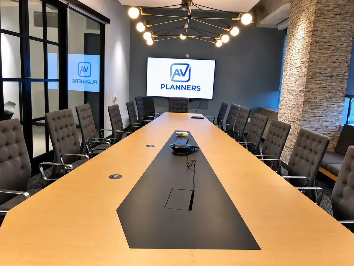 United Artists Releasing conference room with AV Planners logo on the display